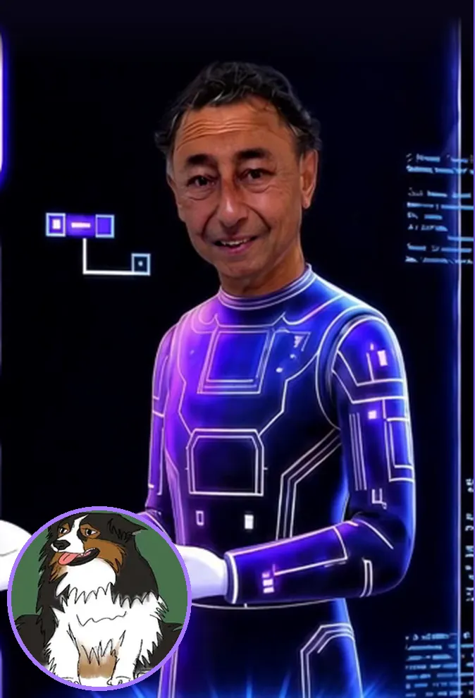 Robotic Dr. Khanna, an AI avatar of Rajesh Khanna, MD, with Guru, the KVI concierge dog