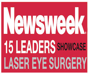 Newsweek Showcase badge: 15 Leaders in Laser Eye Surgery, recognizing Dr. Rajesh Khanna